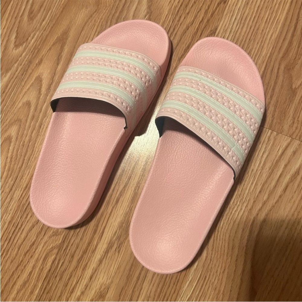 Pink and white adidas slides womens size 6